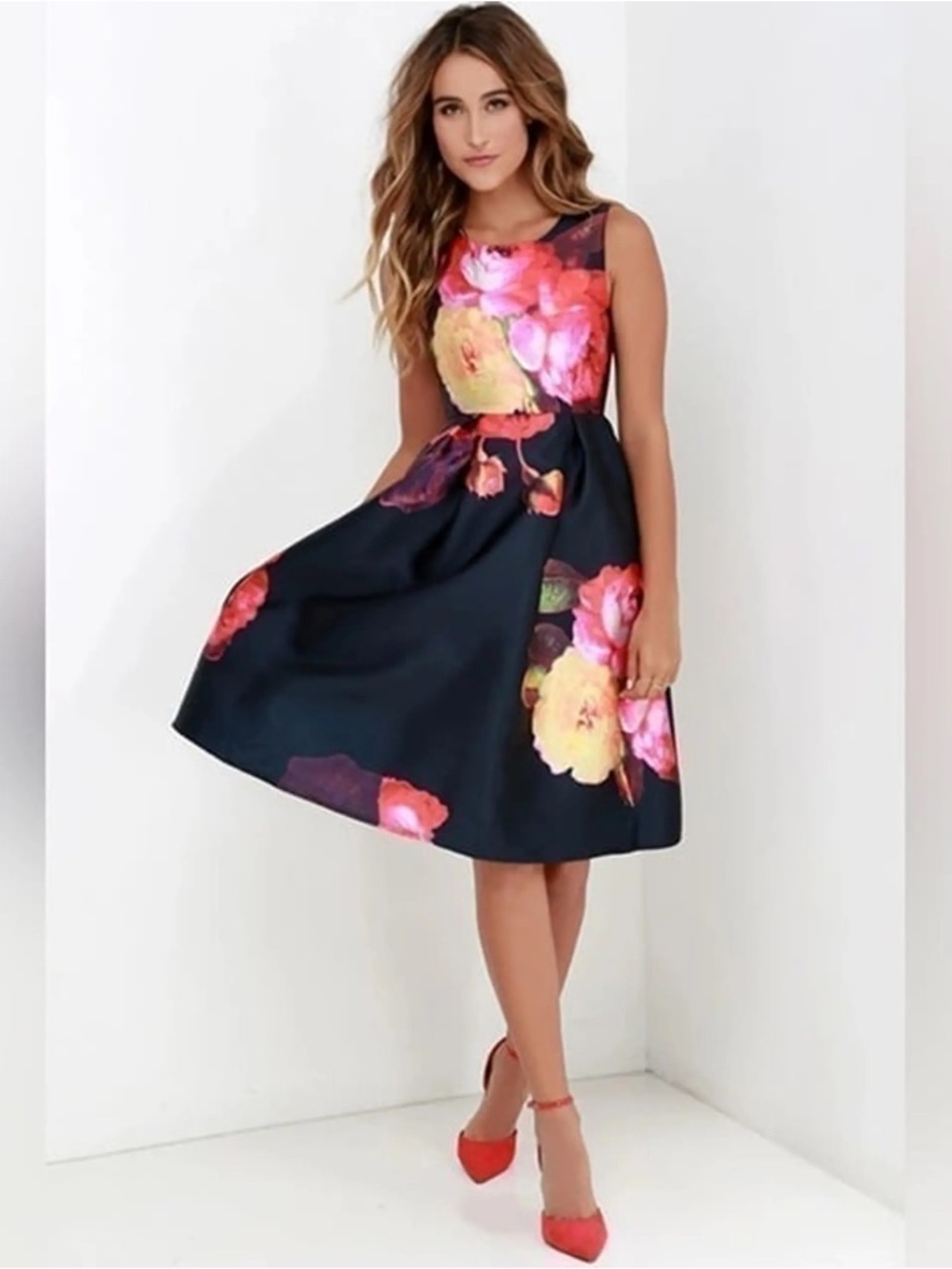 SHEIN Navy Midi Dress with Pink and Yellow Floral Print - Picture 1 of 3